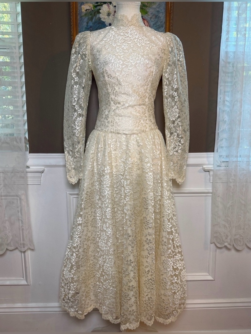 Vintage 80s Mori Lee Ivory Lace Tea Length Wedding Dress XS